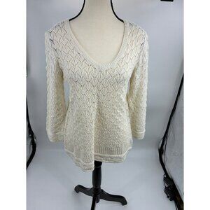 Skye's The Limit Womens Size M Petite Cream Crochet Knit V Neck Long Sleeve